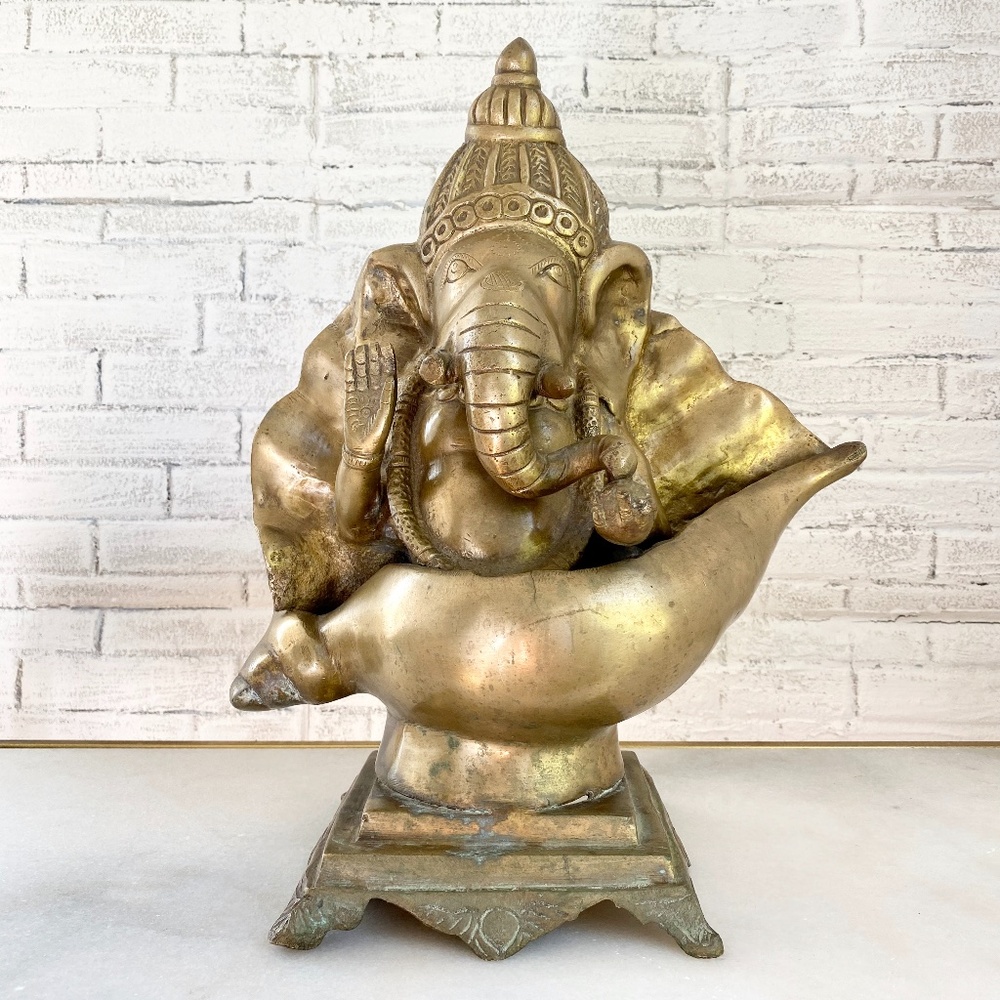 LARGE RARE Brass GANESH In Conch Shell Statue